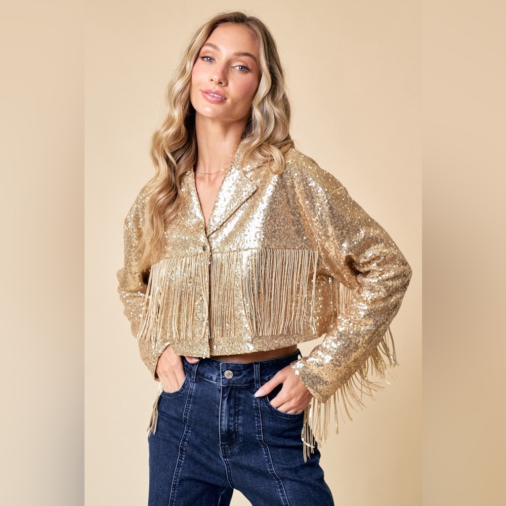 NWT!! GOLD CROPPED SEQUINS FRINGE FESTIVAL AND CONCERT JACKET